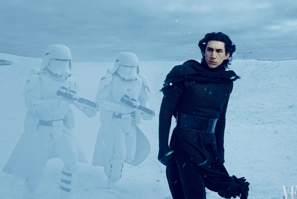Next-generation bad guy Kylo Ren (Adam Driver) commands snowtroopers loyal to the evil First Order on the frozen plains of their secret base.