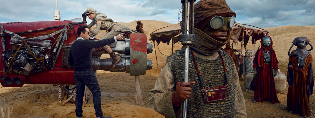 Actress Daisy Ridley for a scene in which her character, the young heroine Rey, pilots her speeder through a bustling marketplace on the planet Jakku.